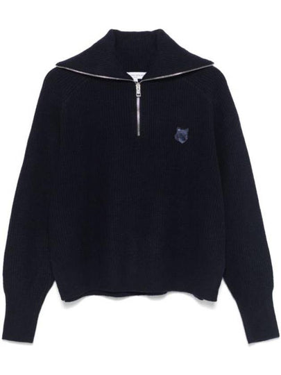 Bold Fox Head Patch Half Zip Knit Top Ink Blue - MAISON KITSUNE - BALAAN 2