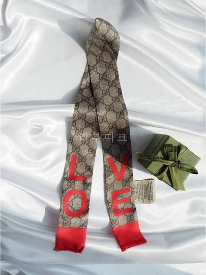 GG LOVE logo twilly silk scarf beige 681909 - GUCCI - BALAAN 2