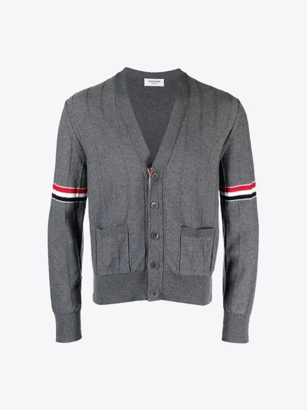 RWB V-neck Striped Virgin Wool Cardigan Grey - THOM BROWNE - BALAAN 2