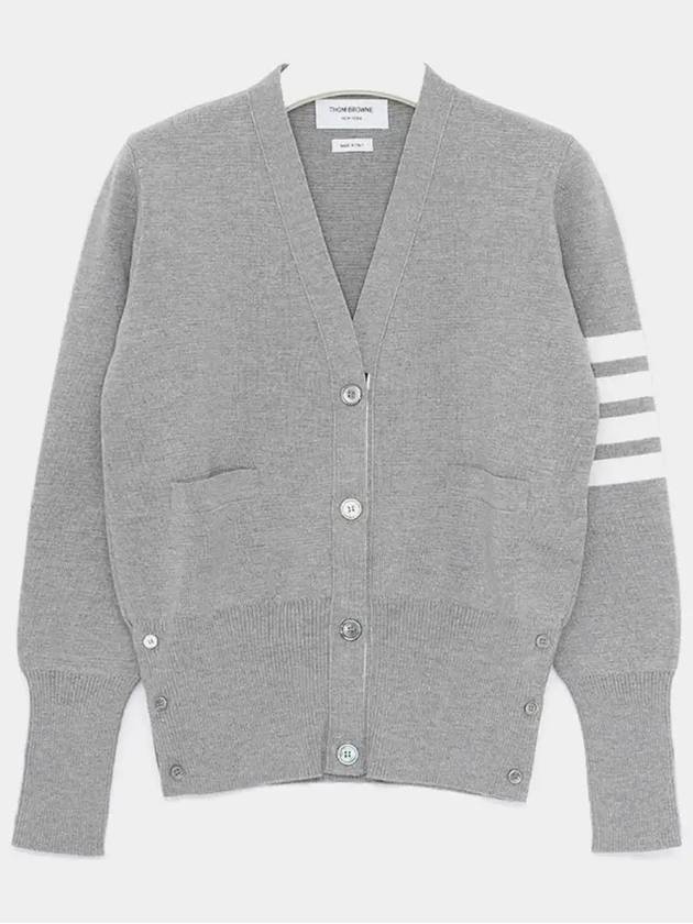 Milano Stitch 4 Bar Classic V Neck Fine Merino Wool Cardigan Grey - THOM BROWNE - BALAAN 4