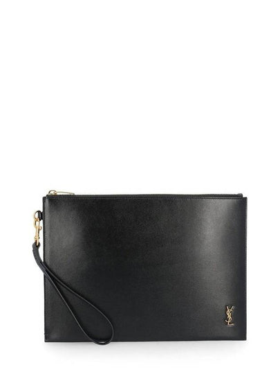 Tiny Cassandre Shiny Leather Zip Tablet Clutch Bag Black - SAINT LAURENT - BALAAN 2