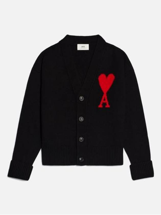 Intarsia Big Heart Logo Oversized Virgin Wool Cardigan Black - AMI - BALAAN 2