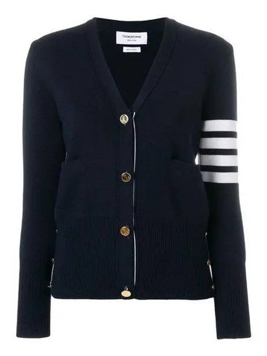 Milano Stitch 4 Bar Classic V Neck Fine Merino Wool Cardigan Navy - THOM BROWNE - BALAAN 2