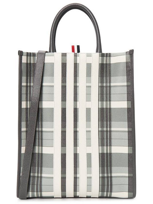 4 Bar Vertical Pebble Grain Leather Tote Black White - THOM BROWNE - BALAAN.