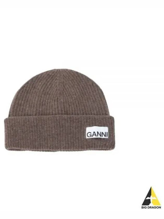 Logo Tag Ribbed Beanie Brown - GANNI - BALAAN 2