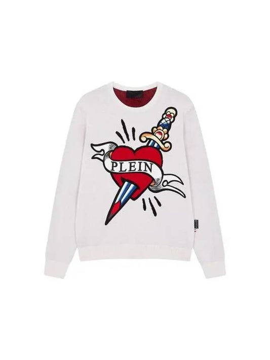 Men's Love Patch Wool Crew Neck Knit White 271920 - PHILIPP PLEIN - BALAAN 1