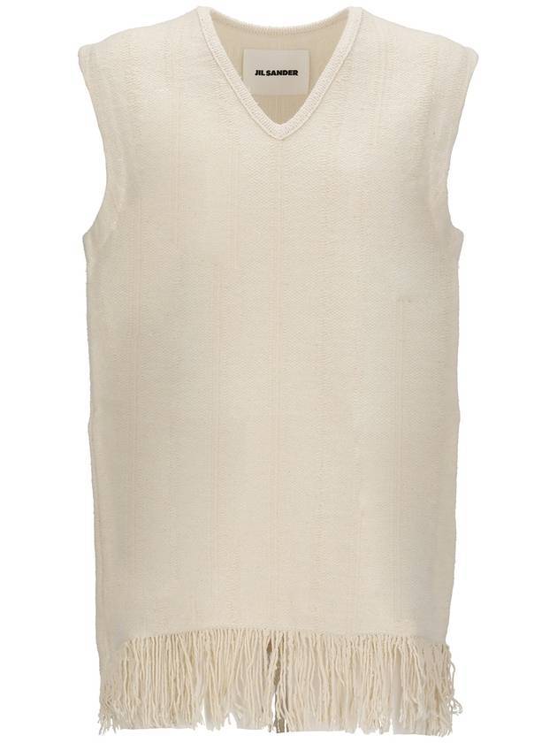 Women's V-neck Fringe Knit Sleeveless Beige - JIL SANDER - BALAAN 1