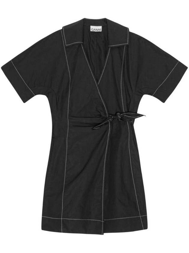 Poplin Wrap Contrast Stitching Cotton Short Dress Black - GANNI - BALAAN 1