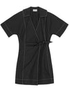 Poplin Wrap Contrast Stitching Cotton Short Dress Black - GANNI - BALAAN 1