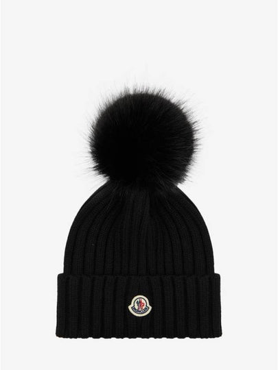 Pom-Pom Detail Wool Beanie Black - MONCLER - BALAAN 2