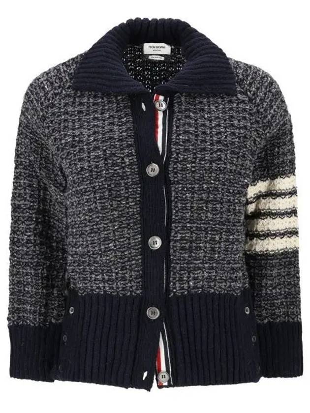 4 Bar Raglan Polo Tweed Cardigan Navy - THOM BROWNE - BALAAN 2