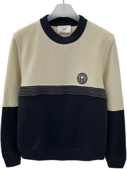 Men's Crew Neck Shiny Fleece Sweatshirt Offwhite Black - AMI - BALAAN 2