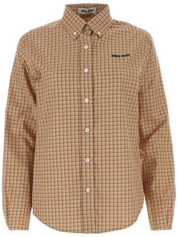 Embroidered Logo Check Long Sleeve Shirt Beige - MIU MIU - BALAAN 1