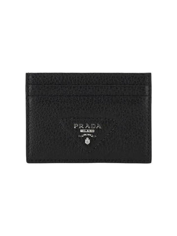 Logo Grain Leather Card Wallet Black - PRADA - BALAAN 1