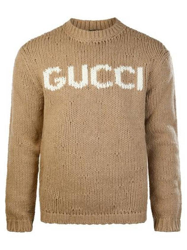 Logo Intarsia Wool Knit Top Camel - GUCCI - BALAAN 1