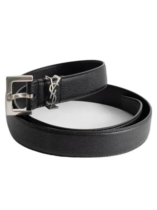 Silver Hardware Monogram Buckle Leather Belt Black - SAINT LAURENT - BALAAN 4