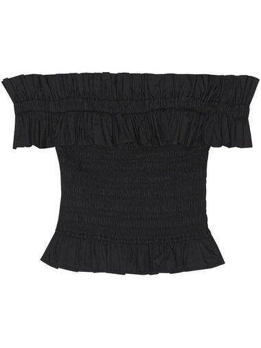 Off-Shoulder Cotton Poplin Smock Blouse Black - GANNI - BALAAN 1