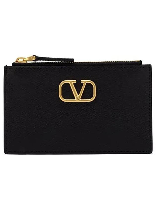 V Logo Signature Leather Card Wallet Black - VALENTINO - BALAAN 1