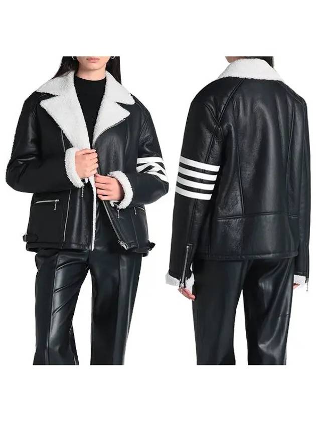 Reverse Shearling Perfec 4 Bar Leather Biker Jacket Black - THOM BROWNE - BALAAN 2