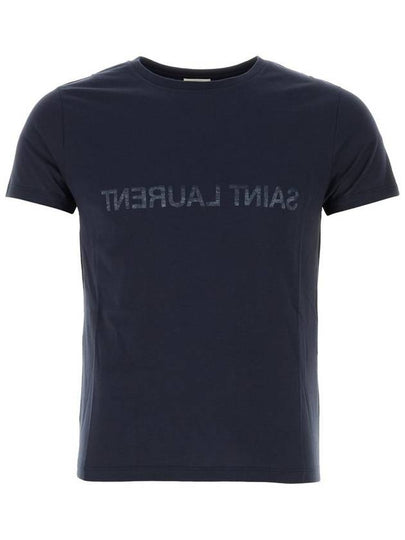 Reverse Logo Print Cotton Short Sleeve T-Shirt Navy - SAINT LAURENT - BALAAN 2