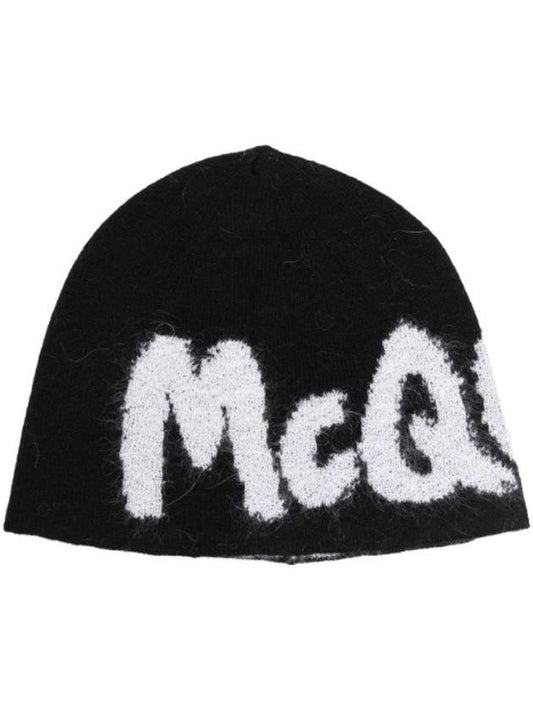 Logo Intarsia Knit Beanie Black - ALEXANDER MCQUEEN - BALAAN.