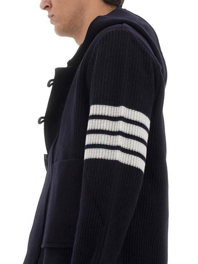 Boiled Wool Half Cardigan Stitched Hooded 4 Bar Double Jacket Navy - THOM BROWNE - BALAAN 5