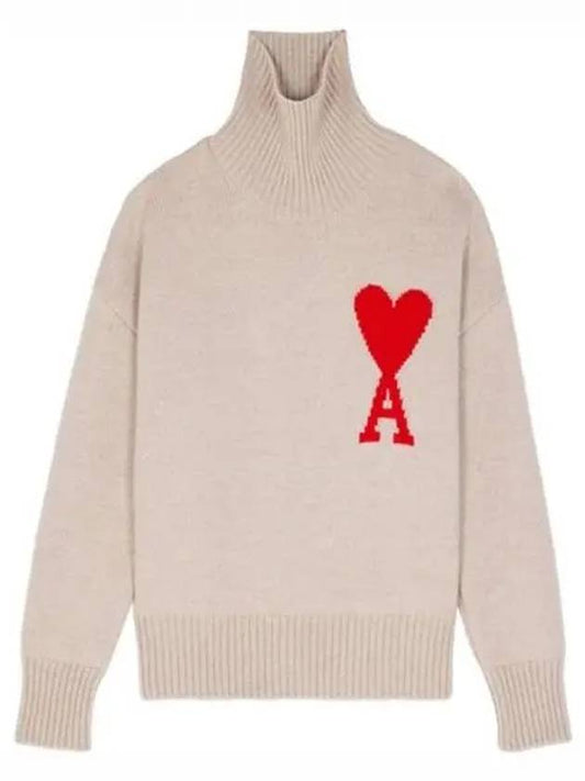 Big Heart Logo Wool Knit Turtleneck Beige - AMI - BALAAN 2