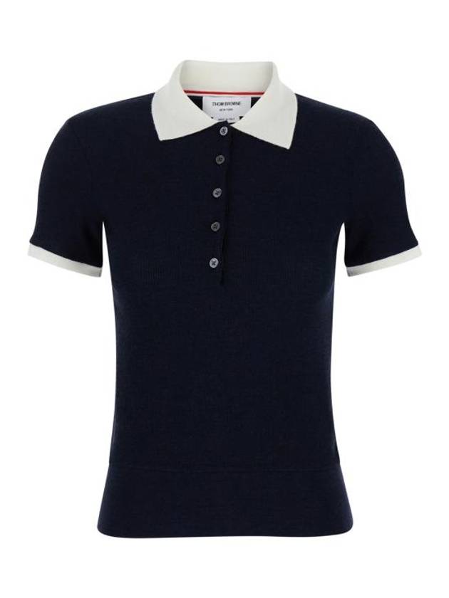 Contrasting Collar Wool Polo Shirt Navy - THOM BROWNE - BALAAN 1