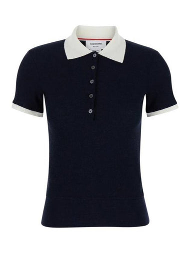 Contrasting Collar Wool Polo Shirt Navy - THOM BROWNE - BALAAN 1