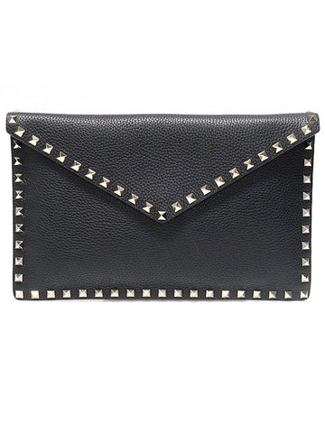 VW2P0P56VSH Black Stampa Alce Calfskin Gold Rockstud Envelope Pouch Clutch - VALENTINO - BALAAN 1