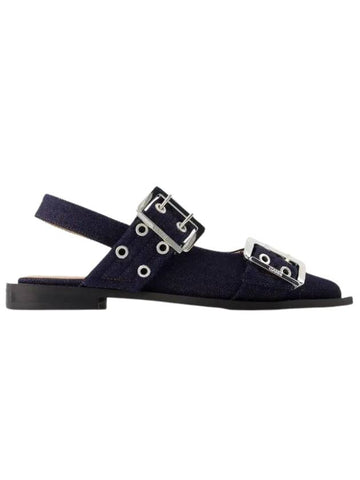 Feminine Buckle Ballerinas Denim Flats Dark Navy - GANNI - BALAAN 1