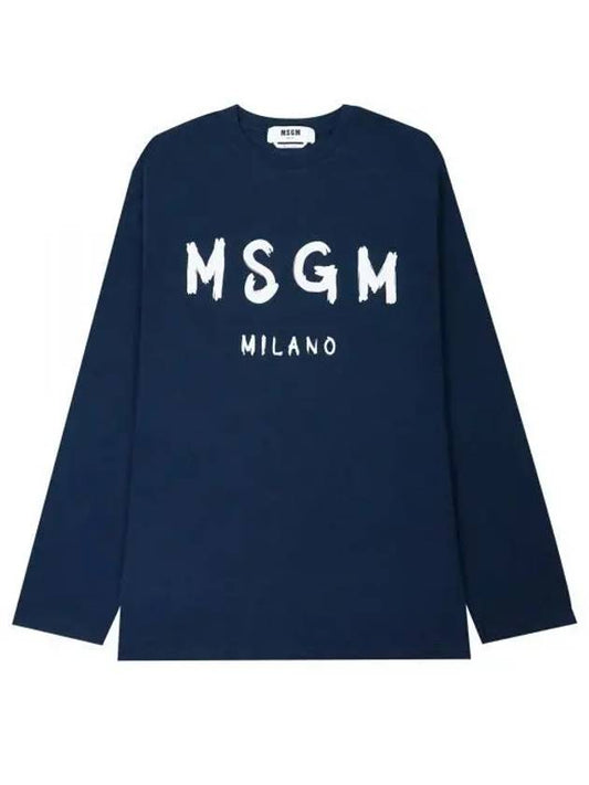 Brushed Logo Cotton Long Sleeve T-Shirt Navy - MSGM - BALAAN 2