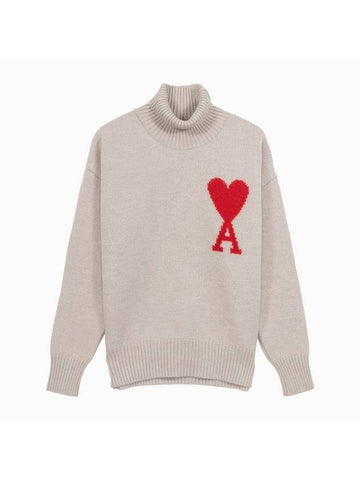 Big Heart Logo Wool Knit Turtleneck Beige - AMI - BALAAN 1