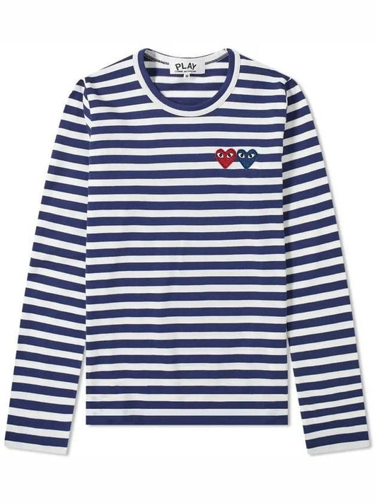 Women s Double Heart Striped Long Sleeve T Shirt P1 T227 1 Navy - COMME DES GARCONS PLAY - BALAAN 1