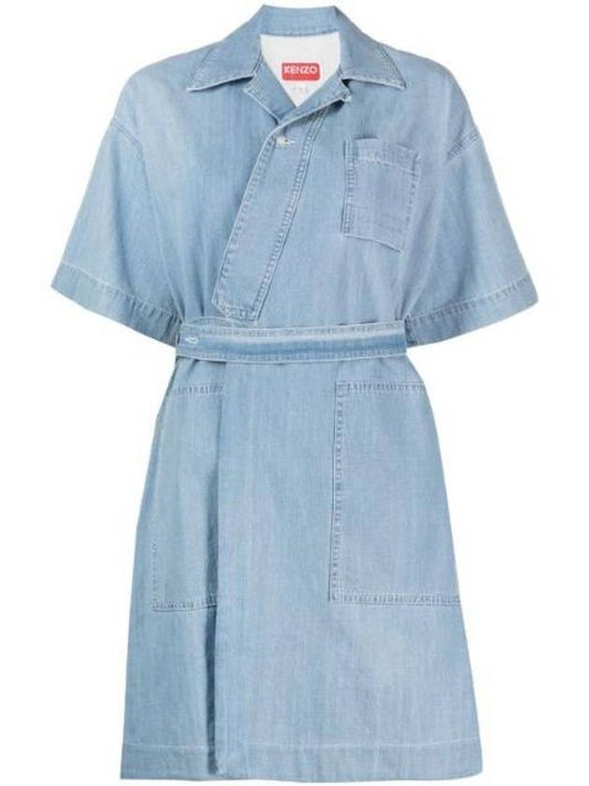 Women's Denim Wrap Short Dress Blue - KENZO - BALAAN 1