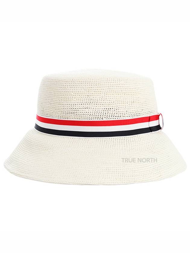 Rattan Three Stripes RWB Straw Bucket Hat White - THOM BROWNE - BALAAN.