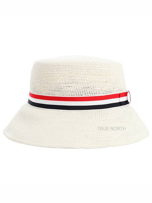 Rattan Three Stripes RWB Straw Bucket Hat White - THOM BROWNE - BALAAN.