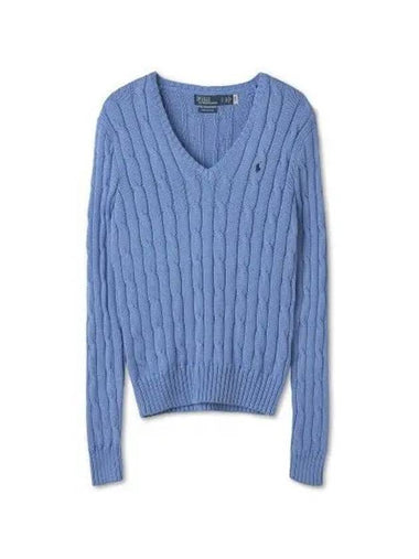 W cable knit cotton V neck sweater blue - POLO RALPH LAUREN - BALAAN 1