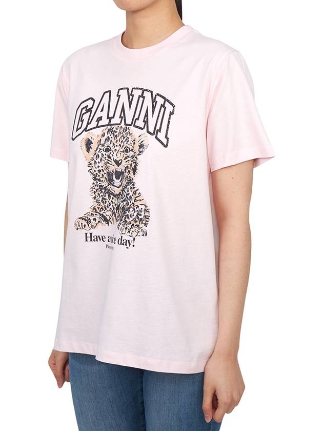 Leopard Print Cotton Short Sleeve T-Shirt Pink - GANNI - BALAAN 3