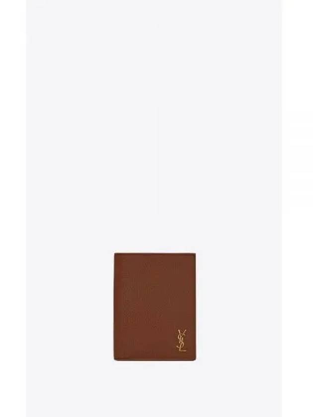 Mini Monogram Grain Leather Card Wallet Brown - SAINT LAURENT - BALAAN 2