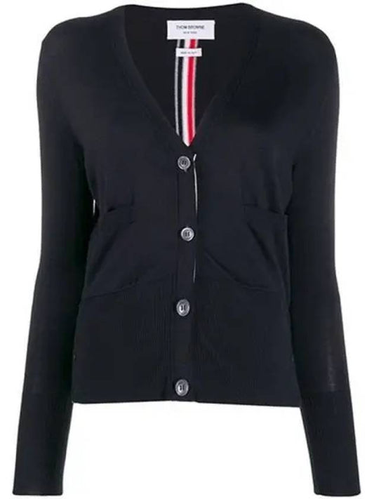 Silk Cotton Blend Relaxed V-Neck Cardigan Navy - THOM BROWNE - BALAAN 2