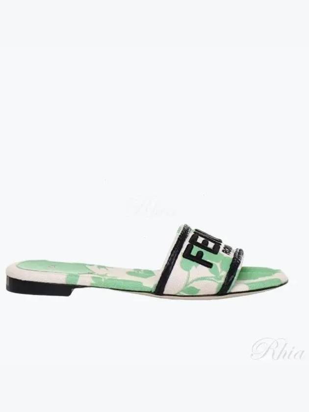 Rose Print Embroidered Logo Canvas Slide Slippers Green - FENDI - BALAAN 2