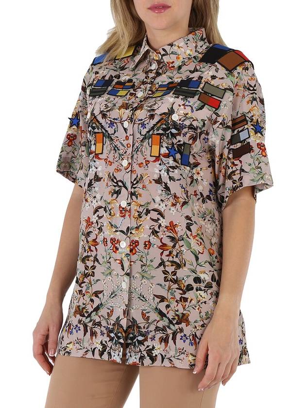 Burberry Badge Appliques Iris Floral-Print Silk Crepe De Chine Oversized Shirt, Brand Size 4 (US Size 2) - BURBERRY - BALAAN 3