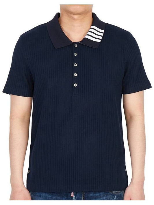 Men's Cotton Rib Knit Short Sleeve Polo Shirt Navy - THOM BROWNE - BALAAN 2