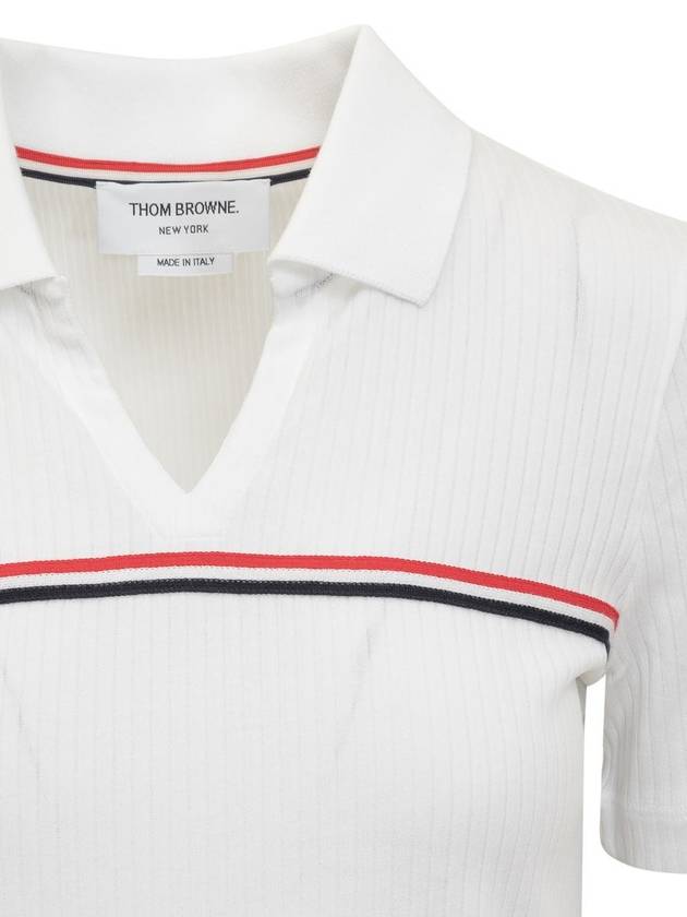 Three Stripes High Twist Rib Polo Shirt White - THOM BROWNE - BALAAN 4