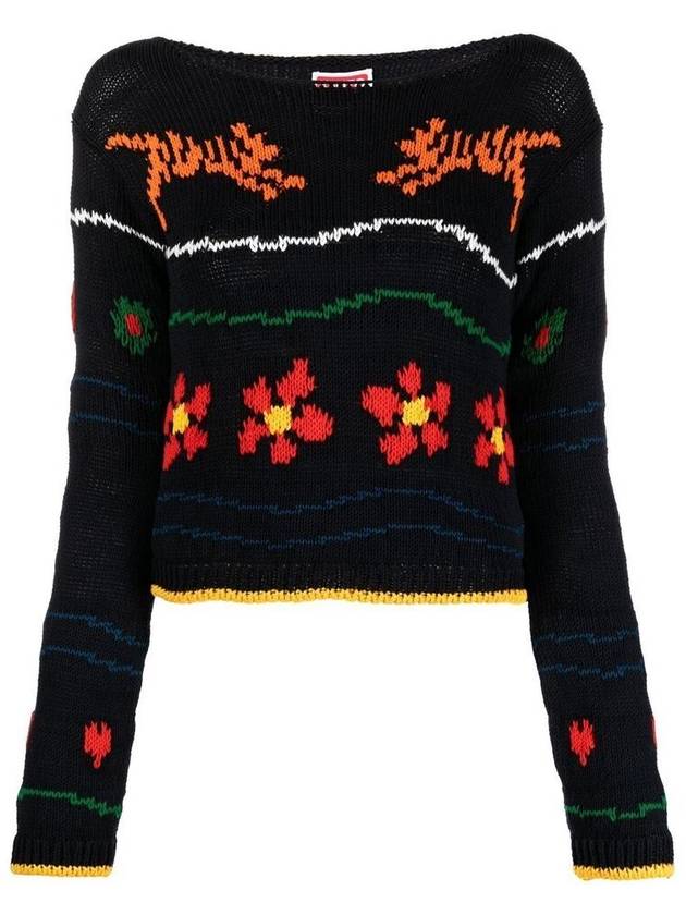 Flower Crop Cotton Linen Blend Knit Top Black - KENZO - BALAAN 3