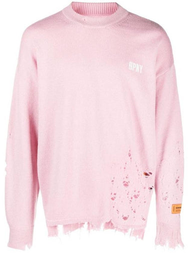 Shredded Crewneck Embroidered Logo Knit Top Pink - HERON PRESTON - BALAAN 1