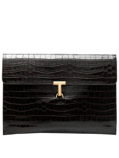 Crocodile Embossed Leather Clutch Bag Dark Wood - TOM FORD - BALAAN 1