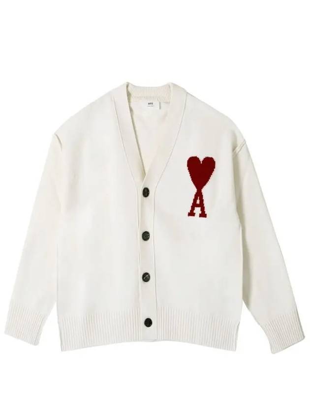 Heart Logo V Neck Wool Cardigan Off White - AMI - BALAAN 3