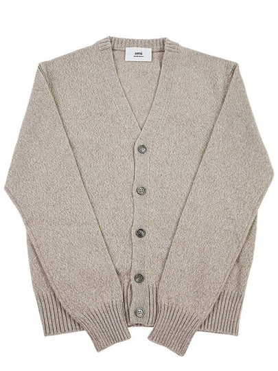 Heart Logo V-Neck Cashmere Cardigan Heather Champagne - AMI - BALAAN 2